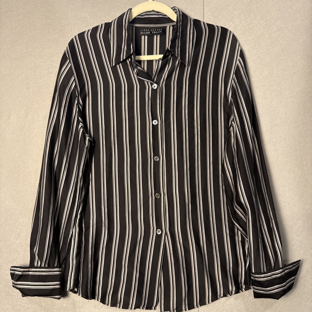 Linda Allard Ellen Tracy 100% Silk Stripe Button Down Blouse Black and White 14